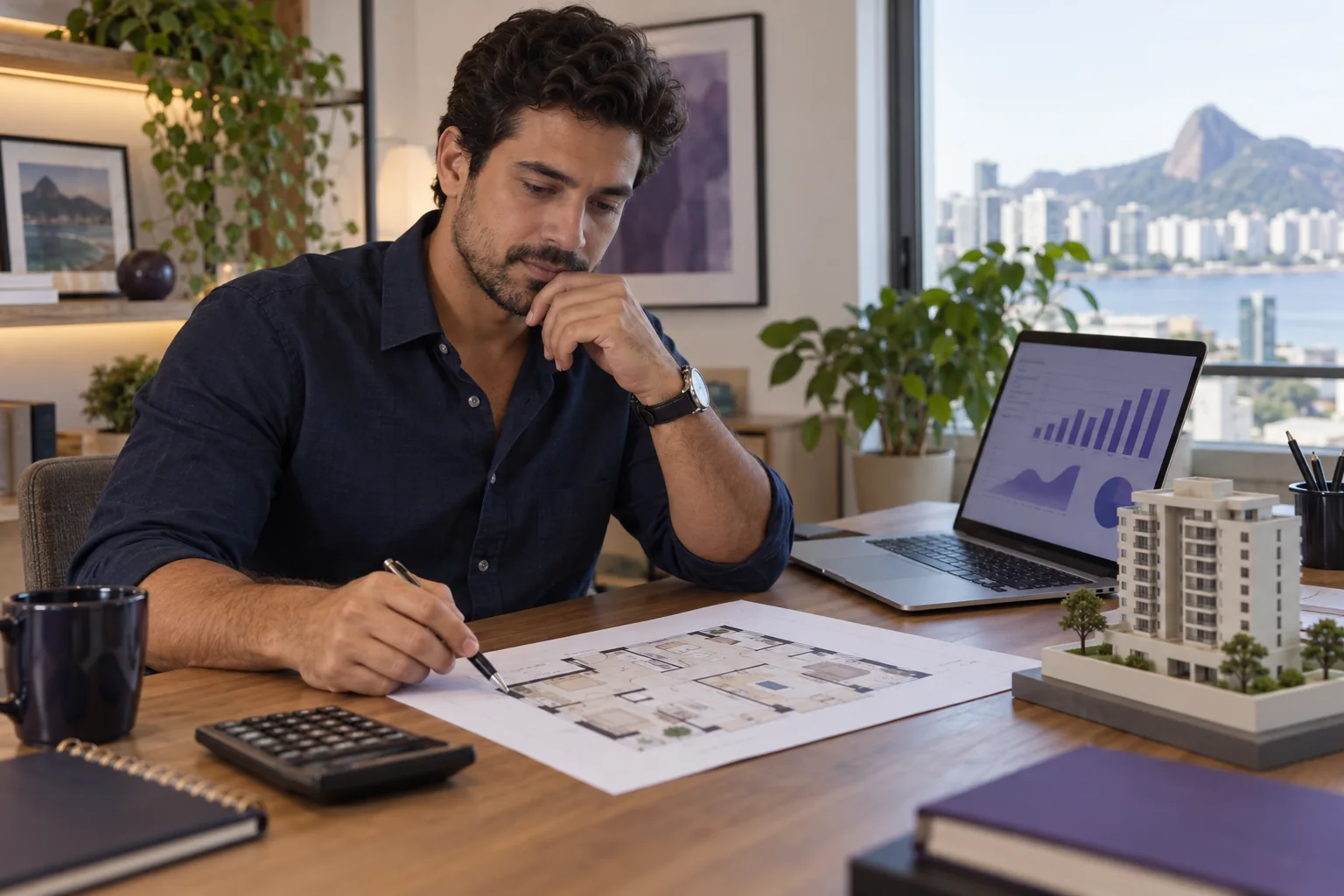 Pessoa analisa uma planta de apartamento, custos e informações financeiras antes de investir.