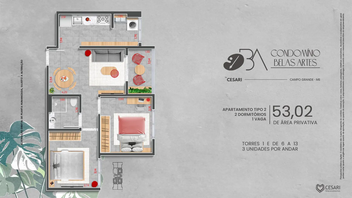 Planta do apartamento tipo 2, 52,71 m² privativos