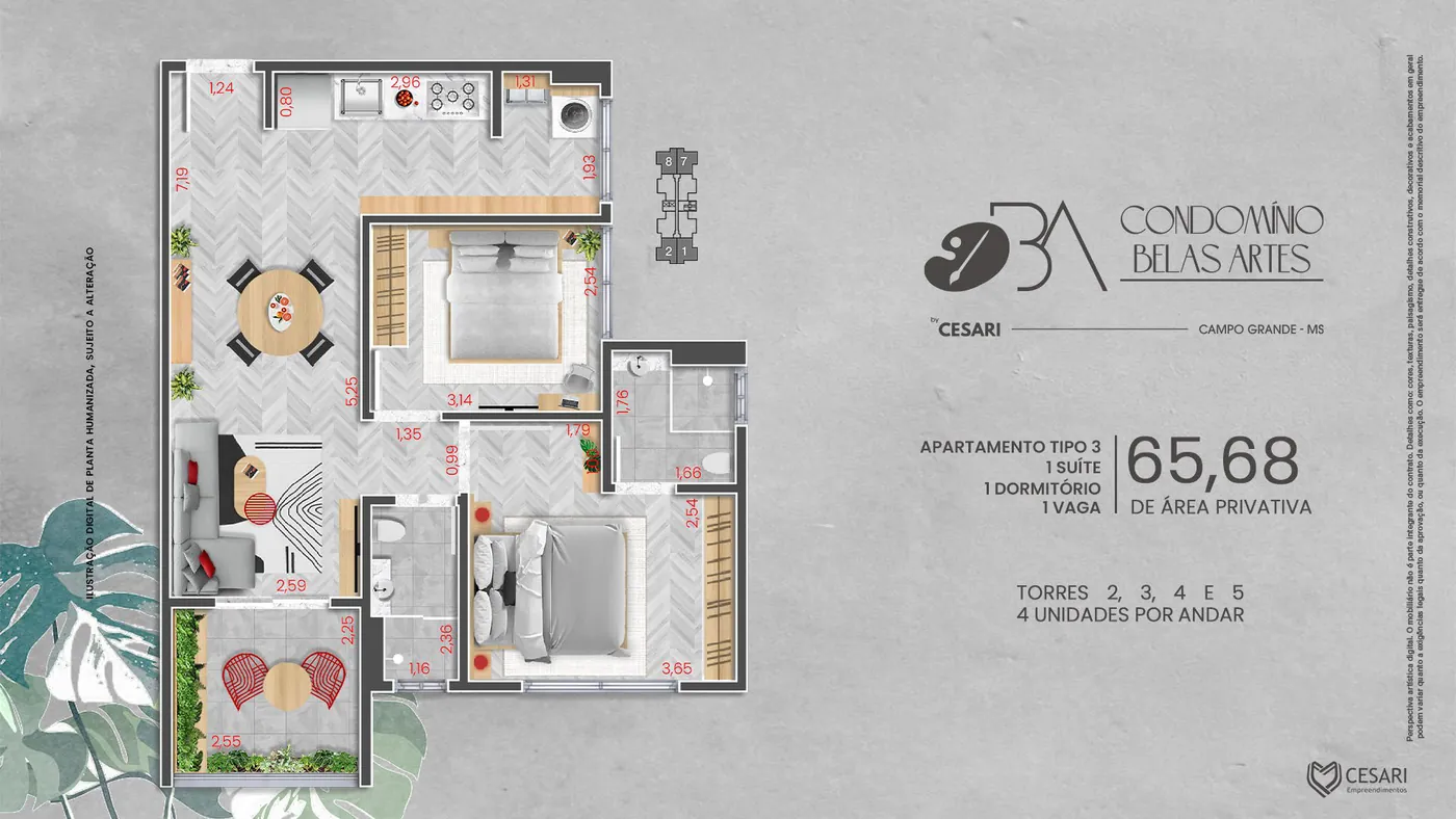 Planta do apartamento tipo 4, 52,81 m² privativos