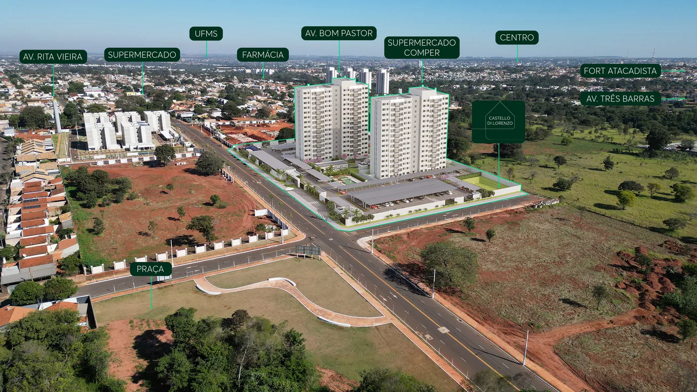 Vista aérea com os pontos de referência do bairro