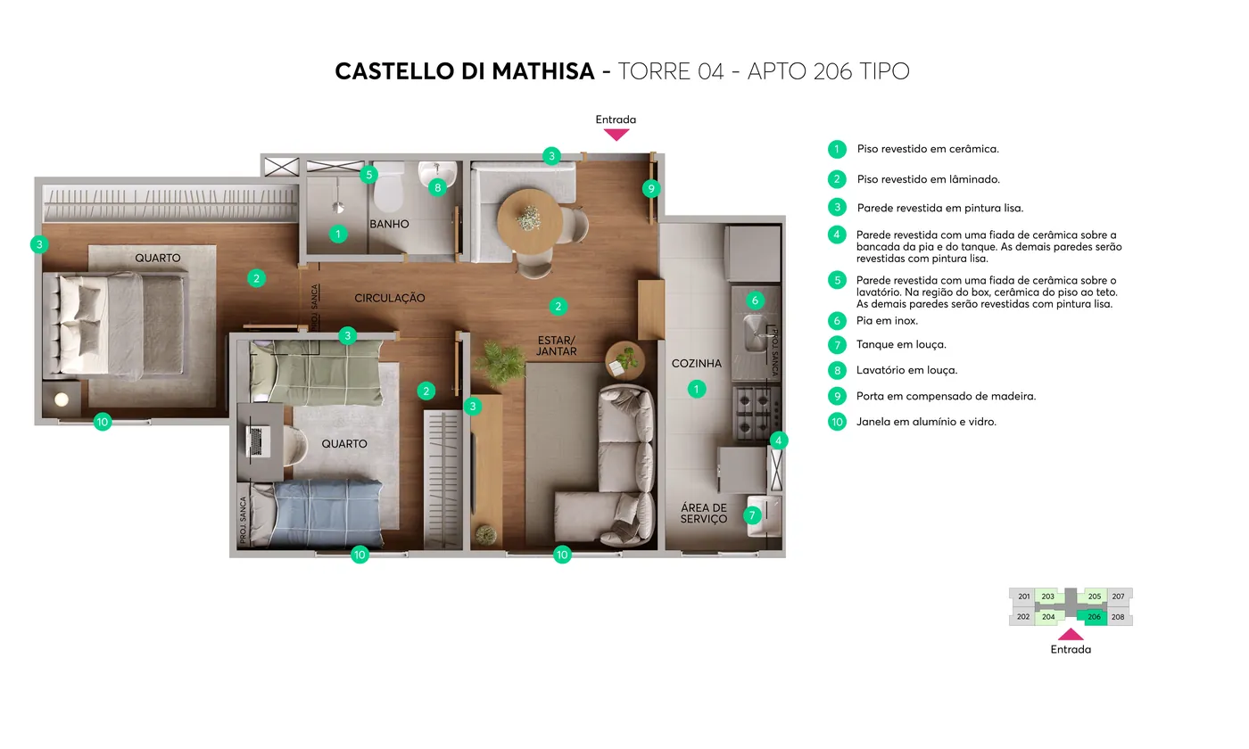 Planta do apartamento 206 tipo, Torre 04