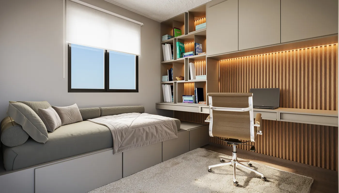 Quarto de solteiro com escrivaninha