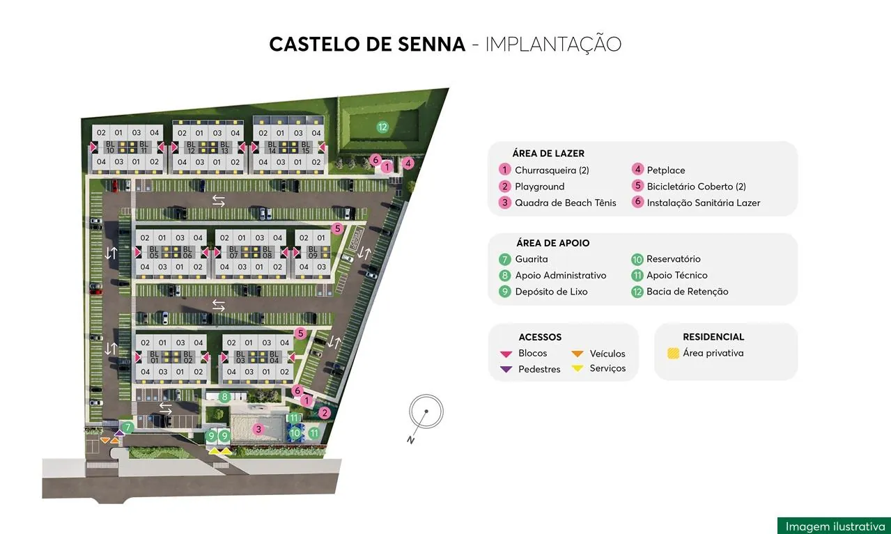 Planta do apartamento 201, Bloco 01 e implantação