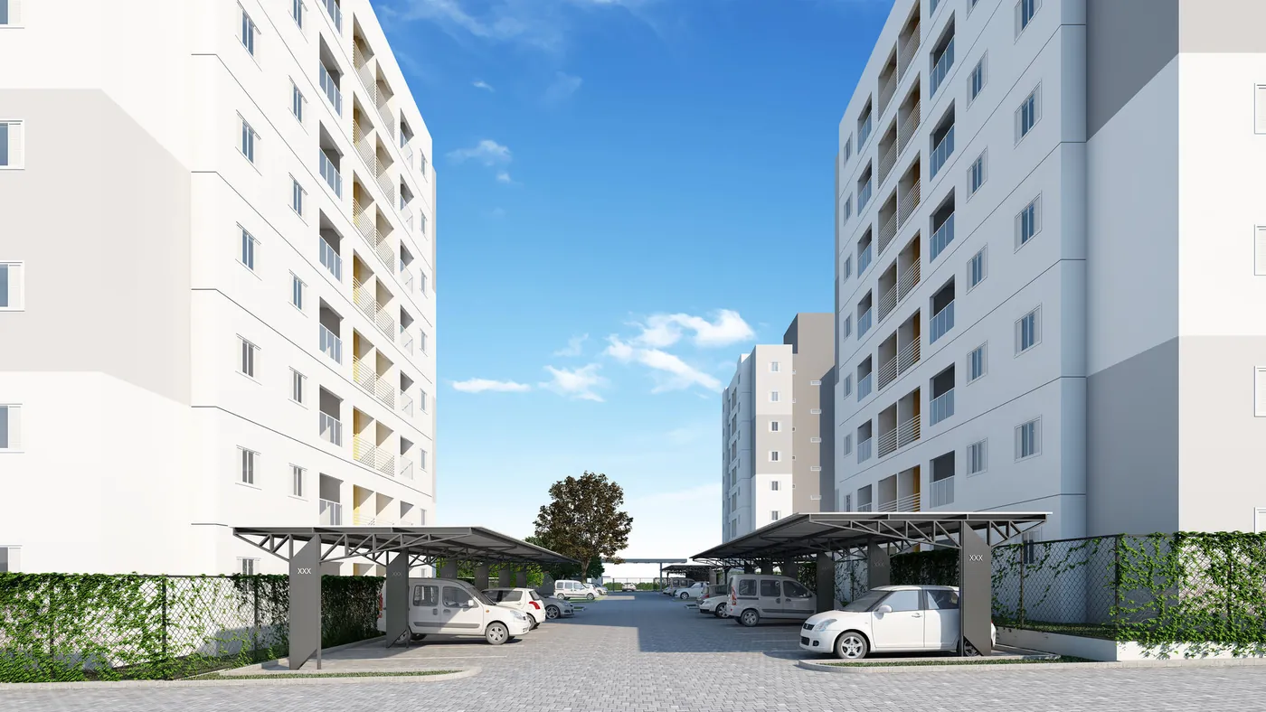 Fachada das torres e estacionamento coberto