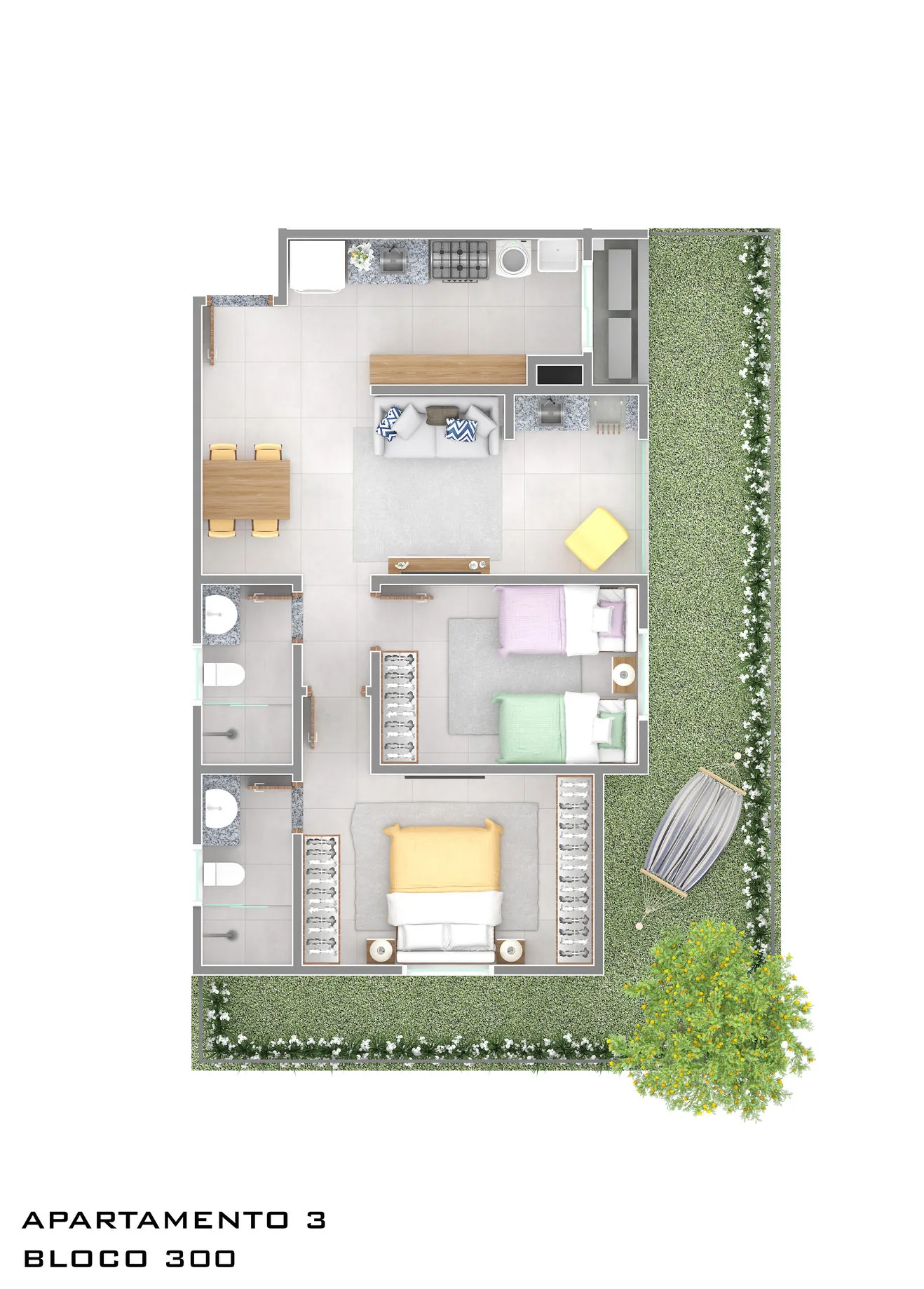 Planta humanizada do apartamento de 2 dormitórios