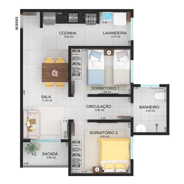 Planta do apartamento de 2 dormitórios