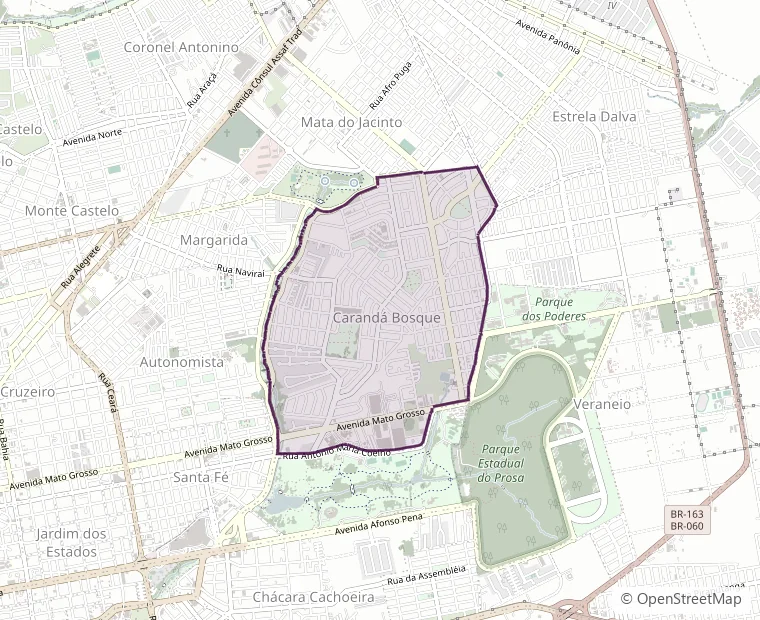 Mapa da região do bairro Carandá Bosque, em Campo Grande MS, onde fica o Mira Carandá